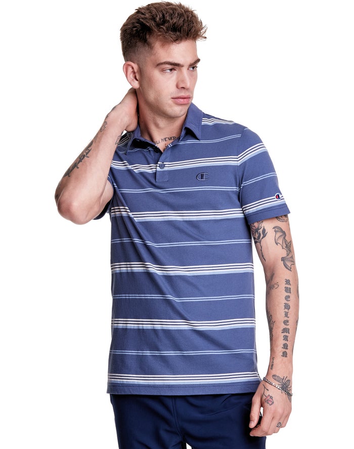 Champion Jersey Stripe Polo Erkek Tişört Mavi/Beyaz ( DILPVU089 )